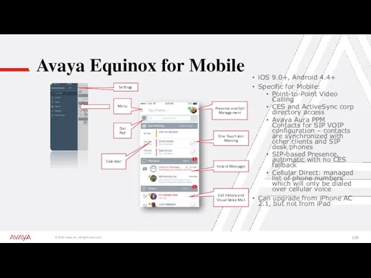 Avaya Equinox for Mobile iOS 9.0+, Android 4.4+ Specific for