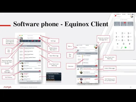 Software phone - Equinox Client Next Meetings Call History Presence