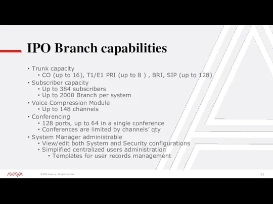 IPO Branch capabilities Trunk capacity CO (up to 16), T1/E1