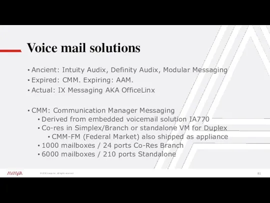 Voice mail solutions Ancient: Intuity Audix, Definity Audix, Modular Messaging