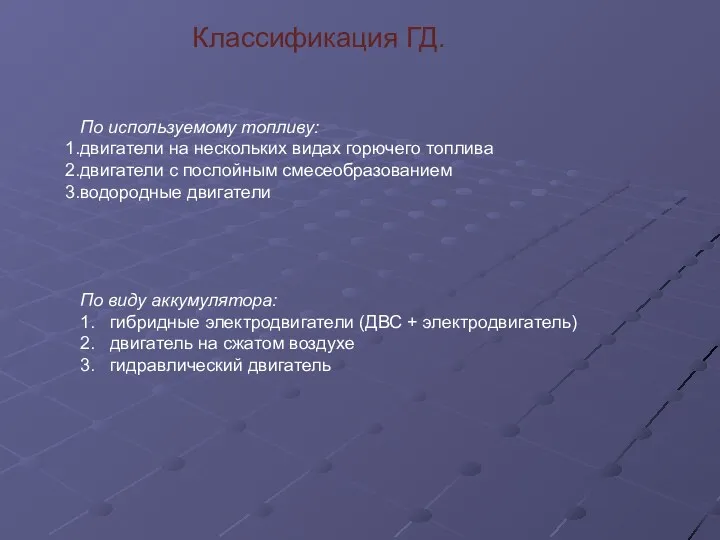 Классификация ГД. По виду аккумулятора: 1. гибридные электродвигатели (ДВС +