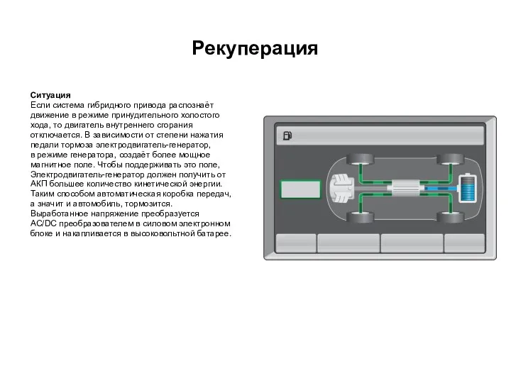 Рекуперация Ситуация Если система гибридного привода распознаёт движение в режиме