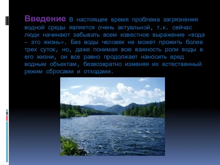 Введение В настоящее время проблема загрязнения водной среды является очень