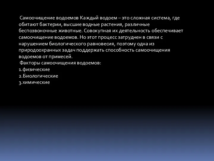 Самоочищение водоемов Каждый водоем – это сложная система, где обитают