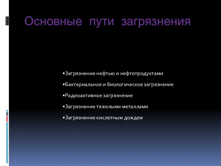 Основные пути загрязнения Загрязнение нефтью и нефтепродуктами Бактериальное и биологическое