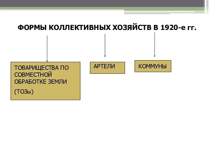 ФОРМЫ КОЛЛЕКТИВНЫХ ХОЗЯЙСТВ В 1920-е гг. ТОВАРИЩЕСТВА ПО СОВМЕСТНОЙ ОБРАБОТКЕ ЗЕМЛИ (ТОЗы) АРТЕЛИ КОММУНЫ