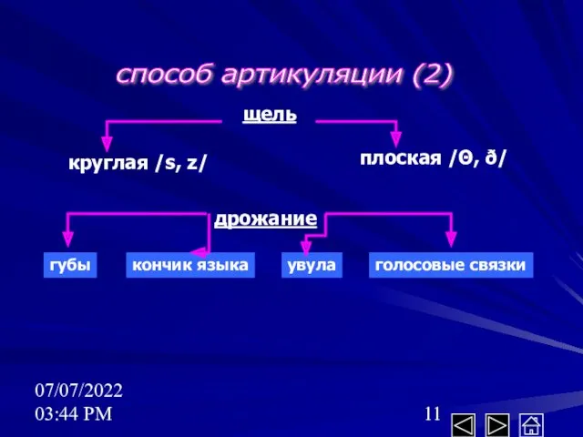 07/07/2022 03:44 PM способ артикуляции (2) щель круглая /s, z/ плоская /Θ, ð/