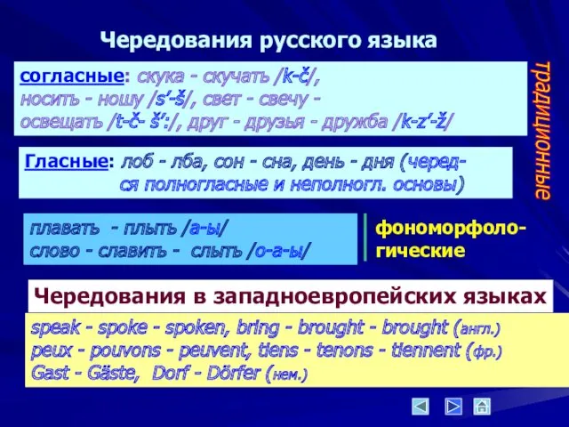 Чередования русского языка согласные: скука - скучать /k-č/, носить - ношу /s’-š/, свет