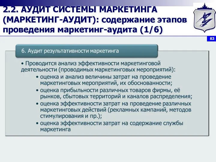 2.2. АУДИТ СИСТЕМЫ МАРКЕТИНГА (МАРКЕТИНГ-АУДИТ): содержание этапов проведения маркетинг-аудита (1/6)