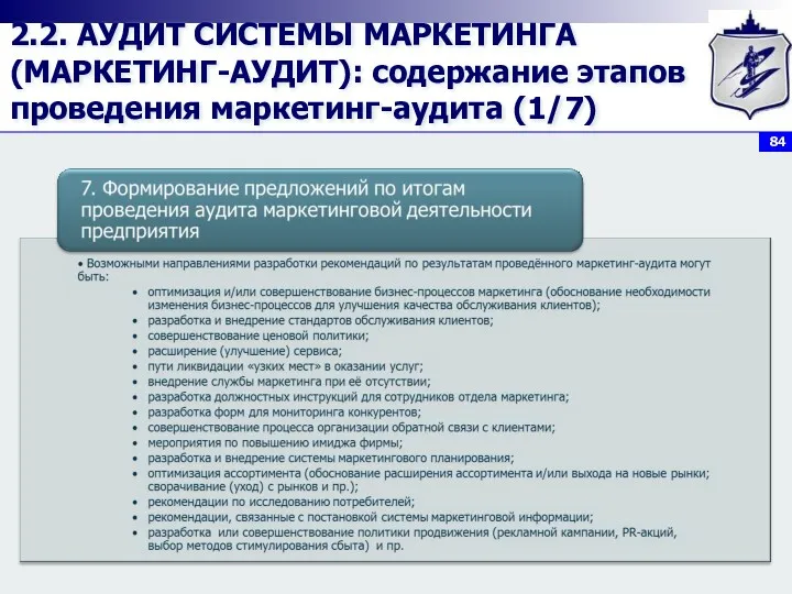 2.2. АУДИТ СИСТЕМЫ МАРКЕТИНГА (МАРКЕТИНГ-АУДИТ): содержание этапов проведения маркетинг-аудита (1/7)