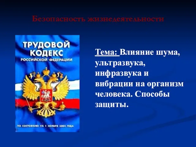 Безопасность жизнедеятельности Тема: Влияние шума, ультразвука, инфразвука и вибрации на организм человека. Способы защиты.