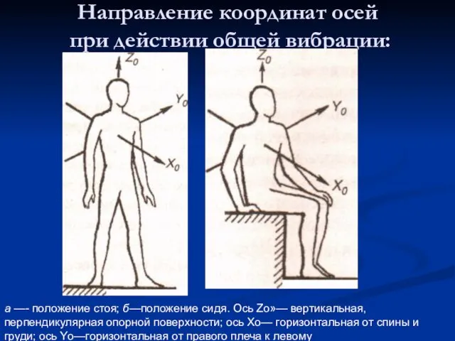 Направление координат осей при действии общей вибрации: а —- положение