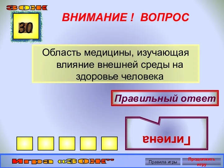 ВНИМАНИЕ ! ВОПРОС Область медицины, изучающая влияние внешней среды на