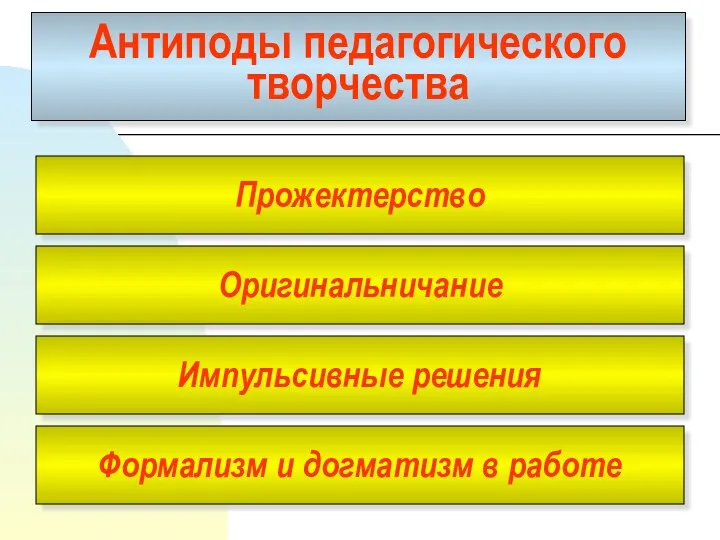 Оригинальничание Антиподы педагогического творчества Прожектерство Импульсивные решения Формализм и догматизм в работе