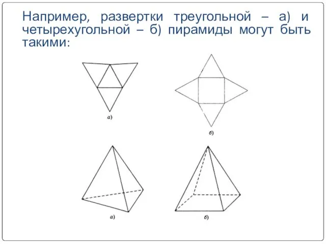 Например, развертки треугольной – а) и четырехугольной – б) пирамиды могут быть такими: