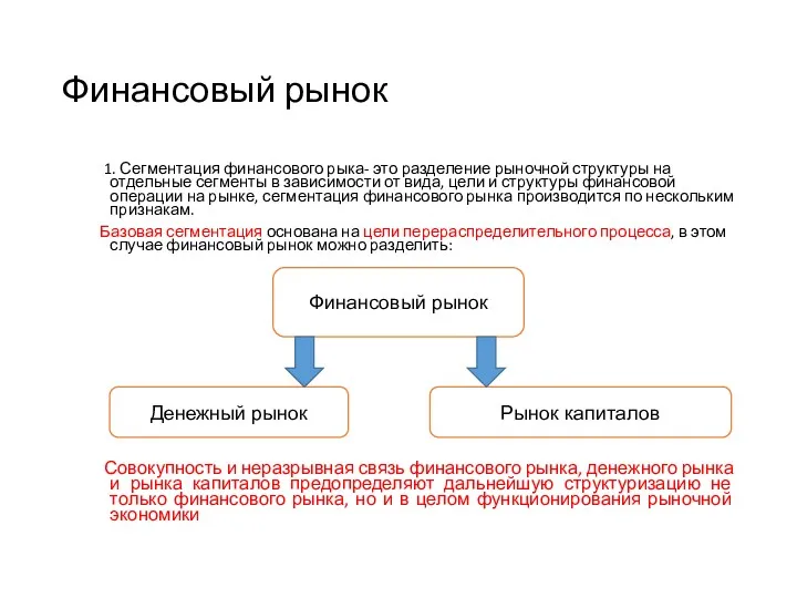 Финансовый рынок 1. Сегментация финансового рыка- это разделение рыночной структуры