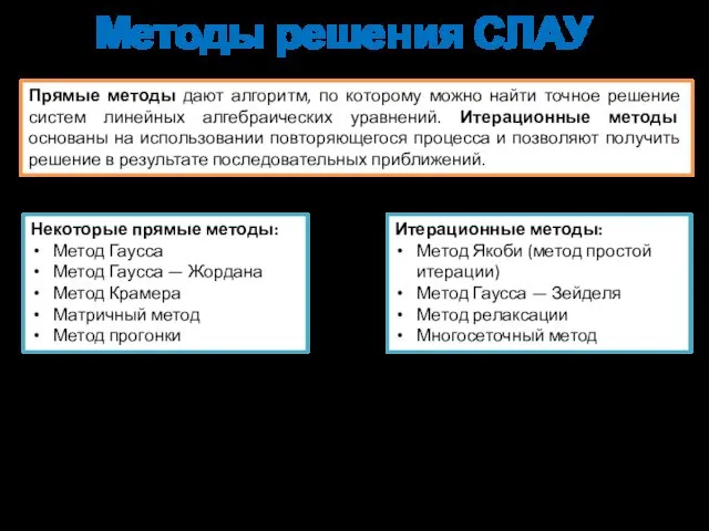 Методы решения СЛАУ Прямые методы дают алгоритм, по которому можно