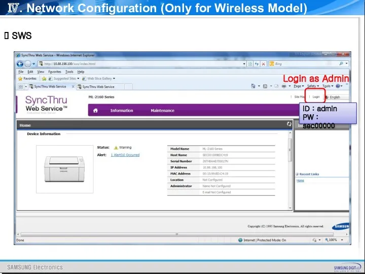 Ⅳ. Network Configuration (Only for Wireless Model) SWS Login as