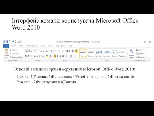 Інтерфейс команд користувача Microsoft Office Word 2010 Основні вкладки стрічки