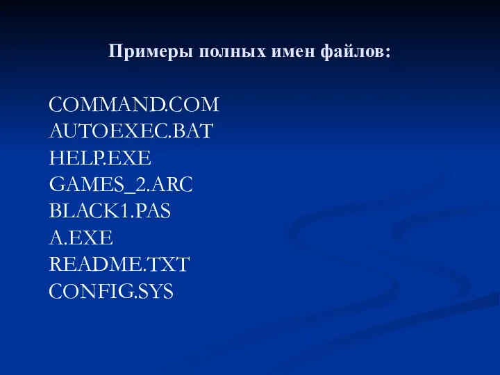 Примеры полных имен файлов: COMMAND.COM AUTOEXEC.BAT HELP.EXE GAMES_2.ARC BLACK1.PAS A.EXE README.TXT CONFIG.SYS