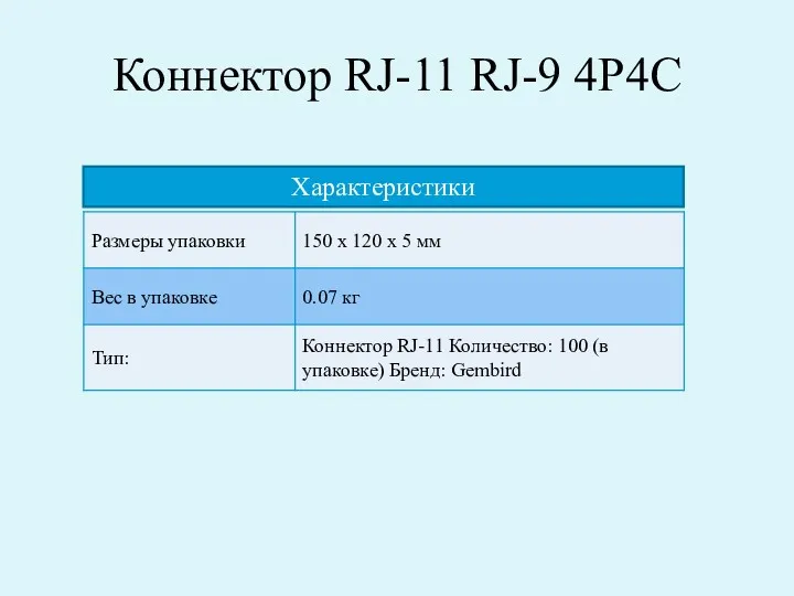 Коннектор RJ-11 RJ-9 4P4C Характеристики