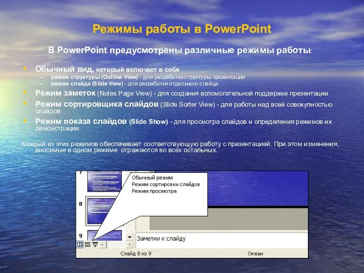 Режимы работы в PowerPoint В PowerPoint предусмотрены различные режимы работы: