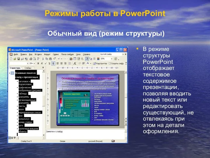 Режимы работы в PowerPoint Обычный вид (режим структуры) В режиме