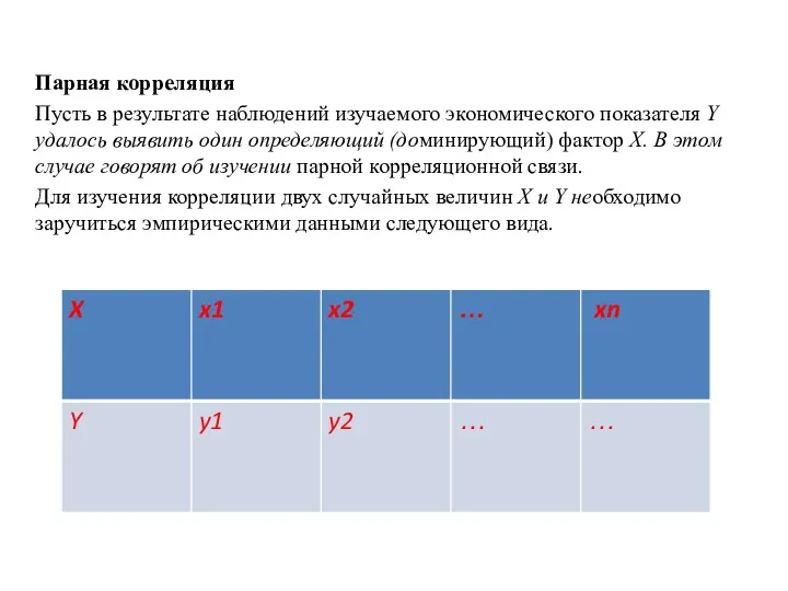 Парная корреляция Пусть в результате наблюдений изучаемого экономического показателя Y