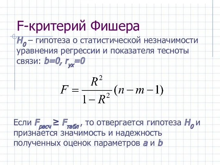 F-критерий Фишера Если Fрасч ≥ Fтабл , то отвергается гипотеза