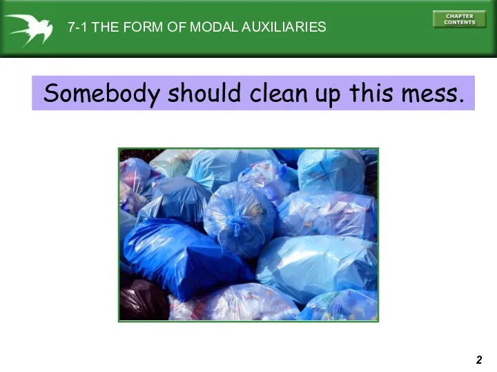 7-1 THE FORM OF MODAL AUXILIARIES Somebody should clean up this mess.