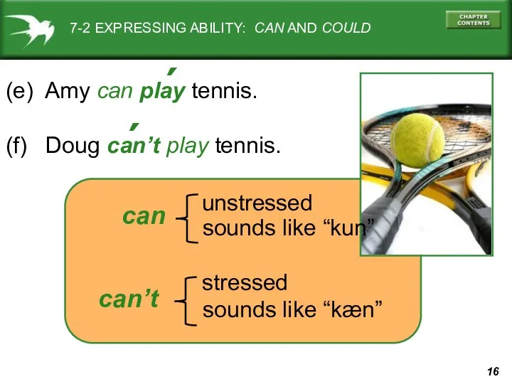 7-2 EXPRESSING ABILITY: CAN AND COULD (e) Amy can play