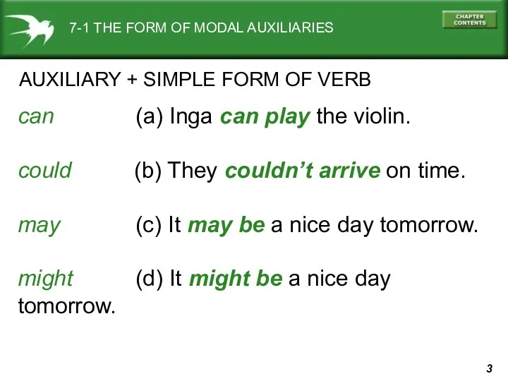 7-1 THE FORM OF MODAL AUXILIARIES AUXILIARY + SIMPLE FORM