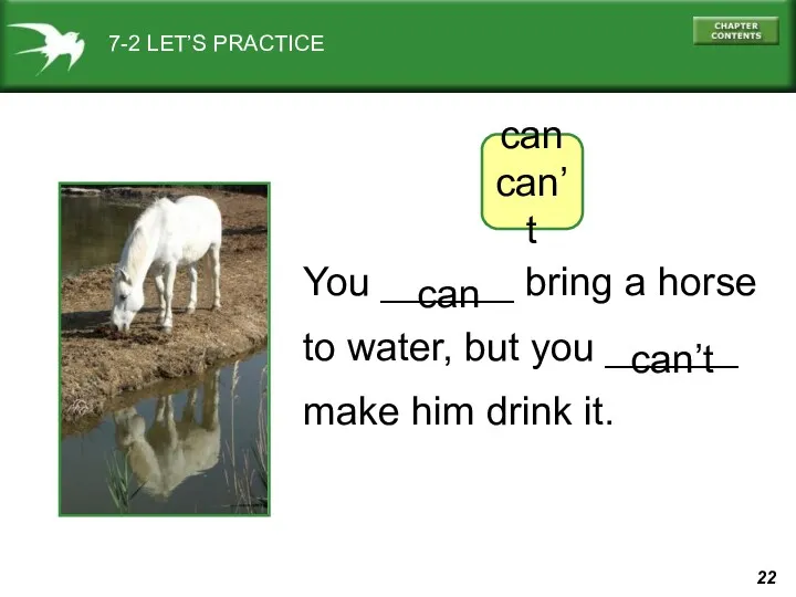 7-2 LET’S PRACTICE can can’t You ______ bring a horse