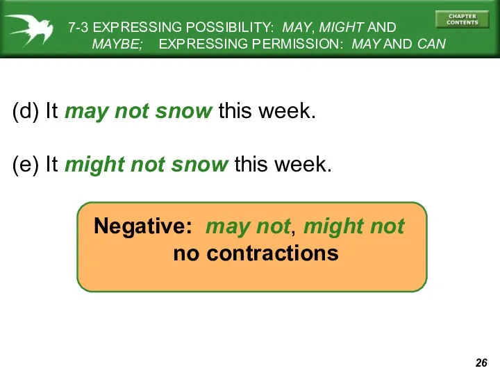 (d) It may not snow this week. (e) It might