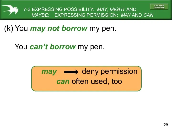 (k) You may not borrow my pen. You can’t borrow