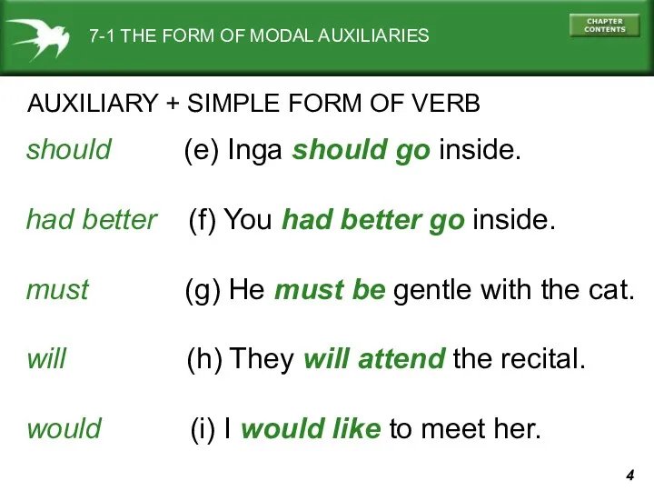 7-1 THE FORM OF MODAL AUXILIARIES AUXILIARY + SIMPLE FORM
