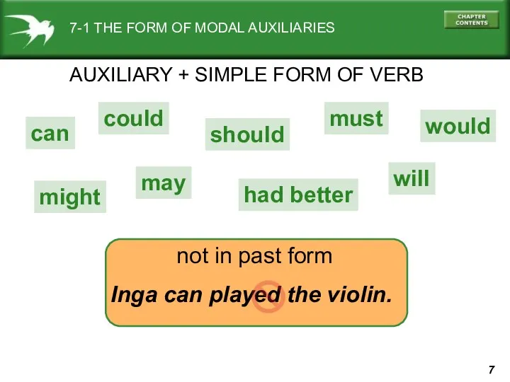 7-1 THE FORM OF MODAL AUXILIARIES AUXILIARY + SIMPLE FORM