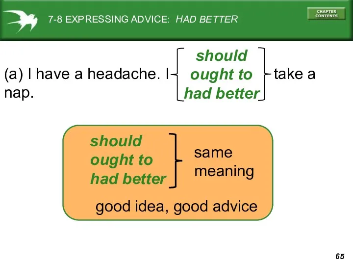 7-8 EXPRESSING ADVICE: HAD BETTER (a) I have a headache.