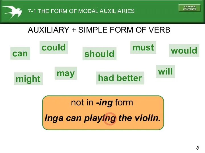 7-1 THE FORM OF MODAL AUXILIARIES AUXILIARY + SIMPLE FORM