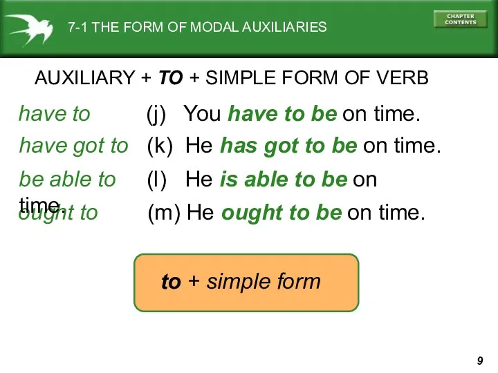 7-1 THE FORM OF MODAL AUXILIARIES AUXILIARY + TO +