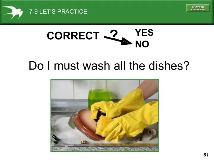 7-9 LET’S PRACTICE YES NO ? CORRECT Do I must wash all the dishes?