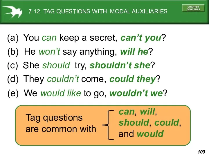 7-12 TAG QUESTIONS WITH MODAL AUXILIARIES (a) You can keep