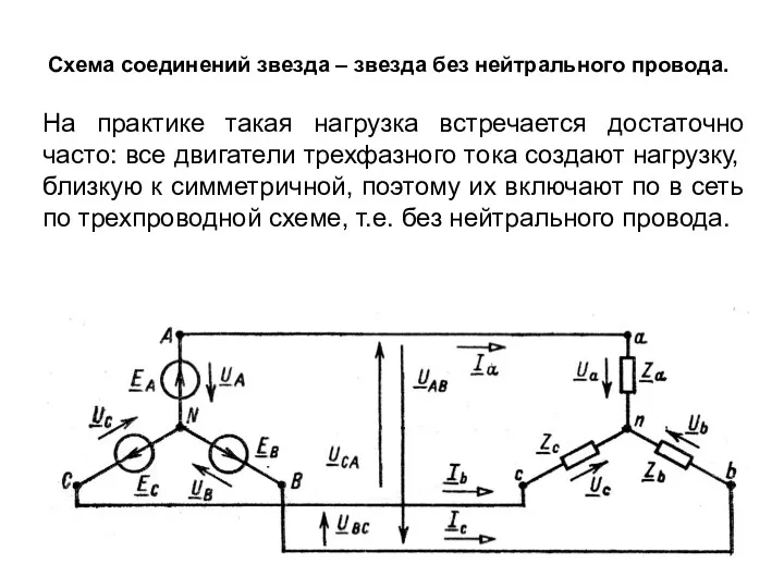 Схема соединений звезда – звезда без нейтрального провода. На практике