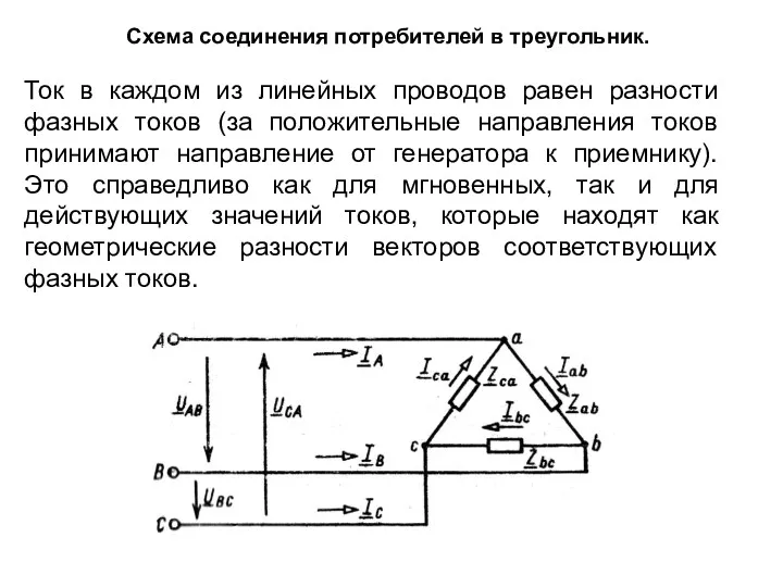 Схема соединения потребителей в треугольник. Ток в каждом из линейных