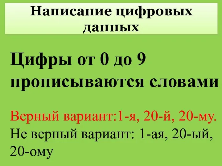 Написание цифровых данных Цифры от 0 до 9 прописываются словами