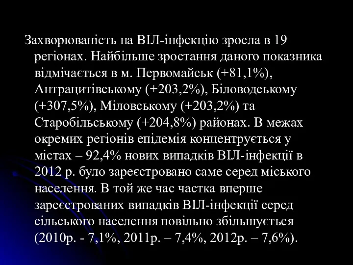 Захворюваність на ВІЛ-інфекцію зросла в 19 регіонах. Найбільше зростання даного