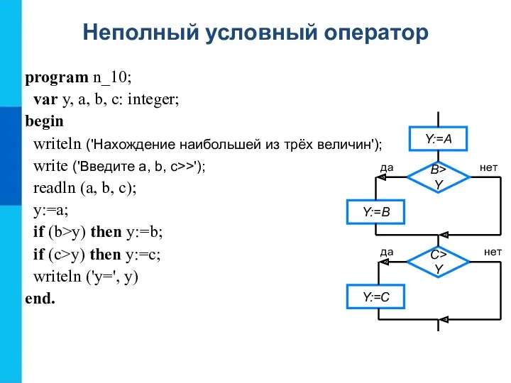 Неполный условный оператор program n_10; var y, a, b, c: