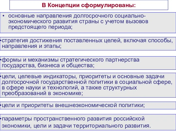 В Концепции сформулированы: основные направления долгосрочного социально-экономического развития страны с