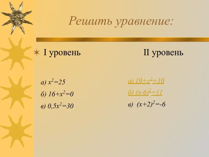 Решить уравнение: I уровень II уровень а) х2=25 б) 16+х2=0