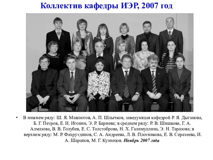 Коллектив кафедры ИЭР, 2007 год В нижнем ряду: Ш. Я.